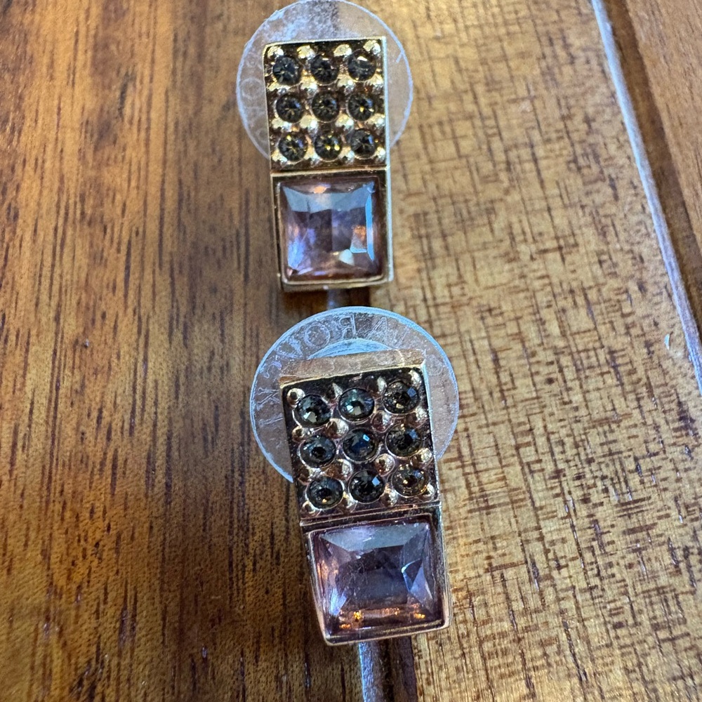 Signed SWAROVSKI Swan Purple Crystal Pave Pierced Stud Earrings